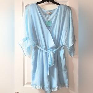 NWT Light Blue Belted Surplice Ruffle Romper - Size L Vacation Baby Shower Cool
